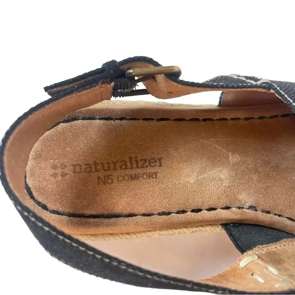 Naturalizer Black Espadrille Comfort Wedge Peep Toe Sandals Womens 9.5